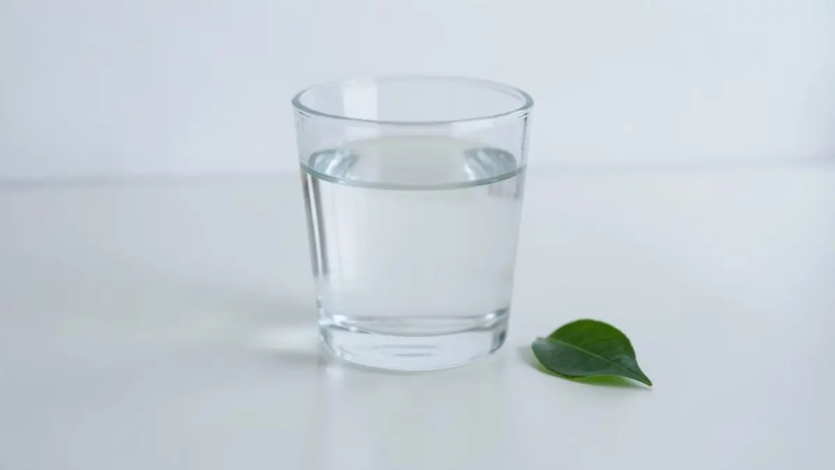 A plain glass of water and a single green leaf on a pale table